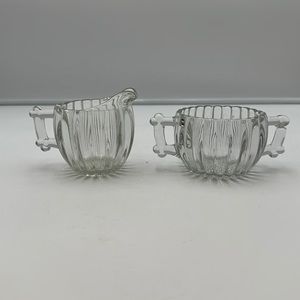 Jeannette Glass Clear Sugar Creamer Set Vintage Ribbed Hobnail Bottom
